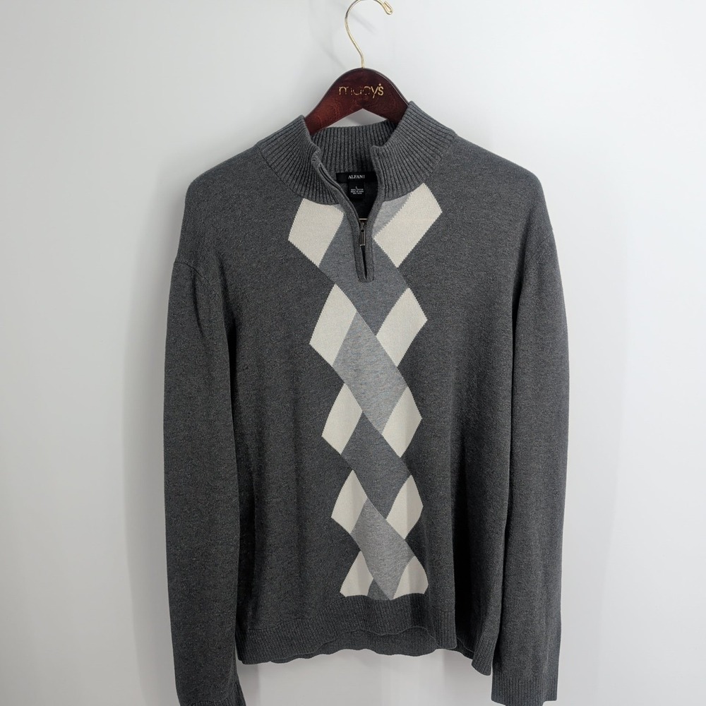 Alfani Geometric Argyle Mock Neck 1/4-Zip Pullover Sweater Gray White Size L